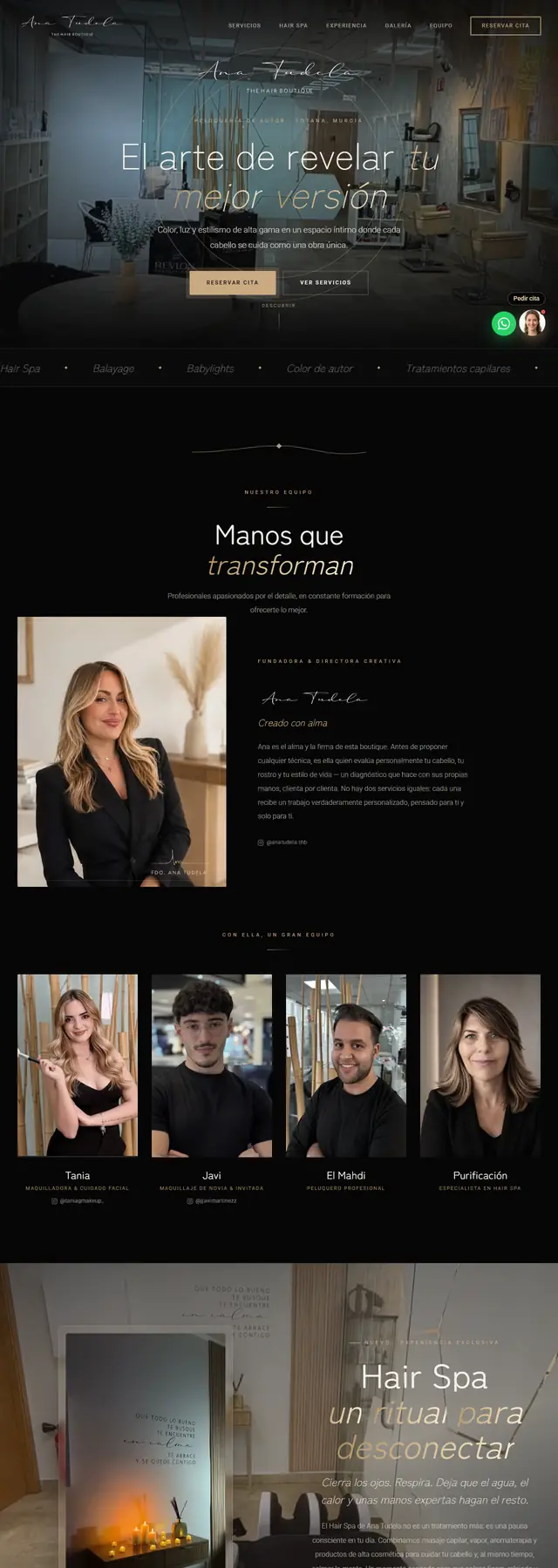 Captura de anatudela.es: portada, equipo y servicios de la peluquería Ana Tudela The Hair Boutique