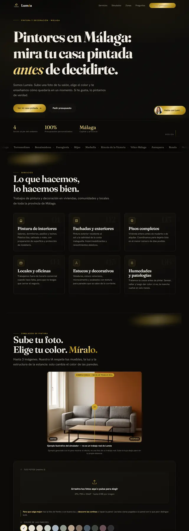 Captura de lumeapinturas.cloud: portada, servicios y simulador de pintura de Luméa, pintores en Málaga